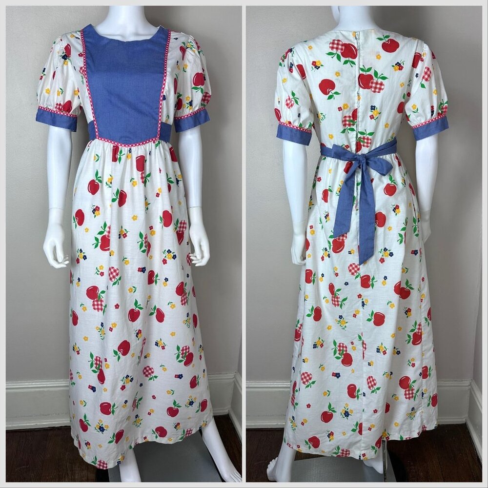 Vintage 1960s/70s Apple Floral Prairie Maxi Dress, Size M/L, Cottagecore